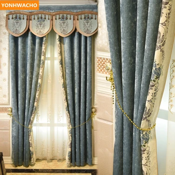 

Custom curtains high grade Thick chenille Jane European modern American blue cloth blackout curtain tulle valance drape N791