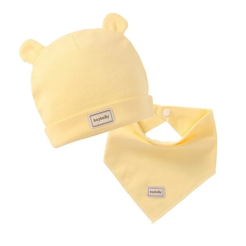 Детские комплекты шапок хлопок детская шапка и нагрудник набор хлопковые детские колпачки и шляпы с детские набор нагрудников новорожденная шляпа для 0 до 1 лет - Цвет: yellow set