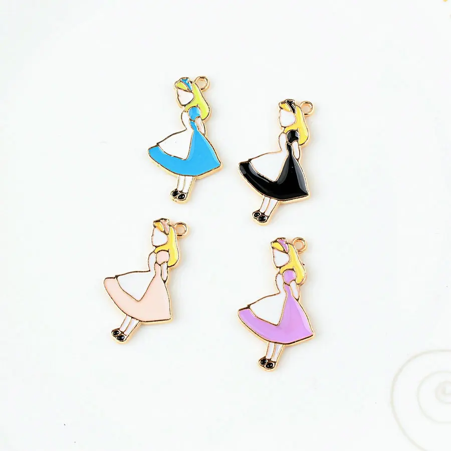 

MRHUANG 10PCS 19*33mm Cute Fairy Tale Alice Princess Enamel Charms Gold Tone Pendant Oil Drop DIY Bracelet Floating Charms