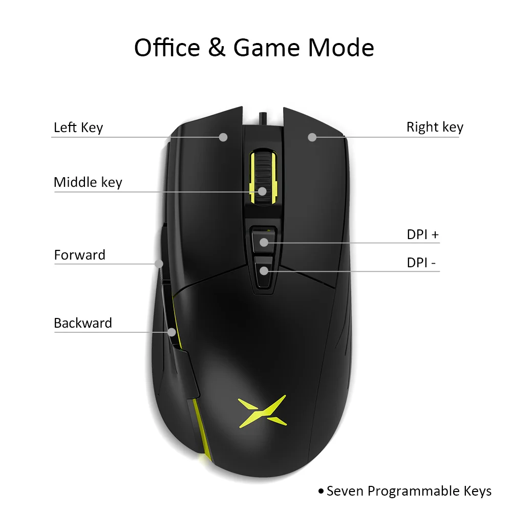 Delux M522 Wired Mouse Ergonomic Gaming Mouse Office Dual modes 6400 DPI 7 Programmable Buttons Mice with Backlight For Gamer