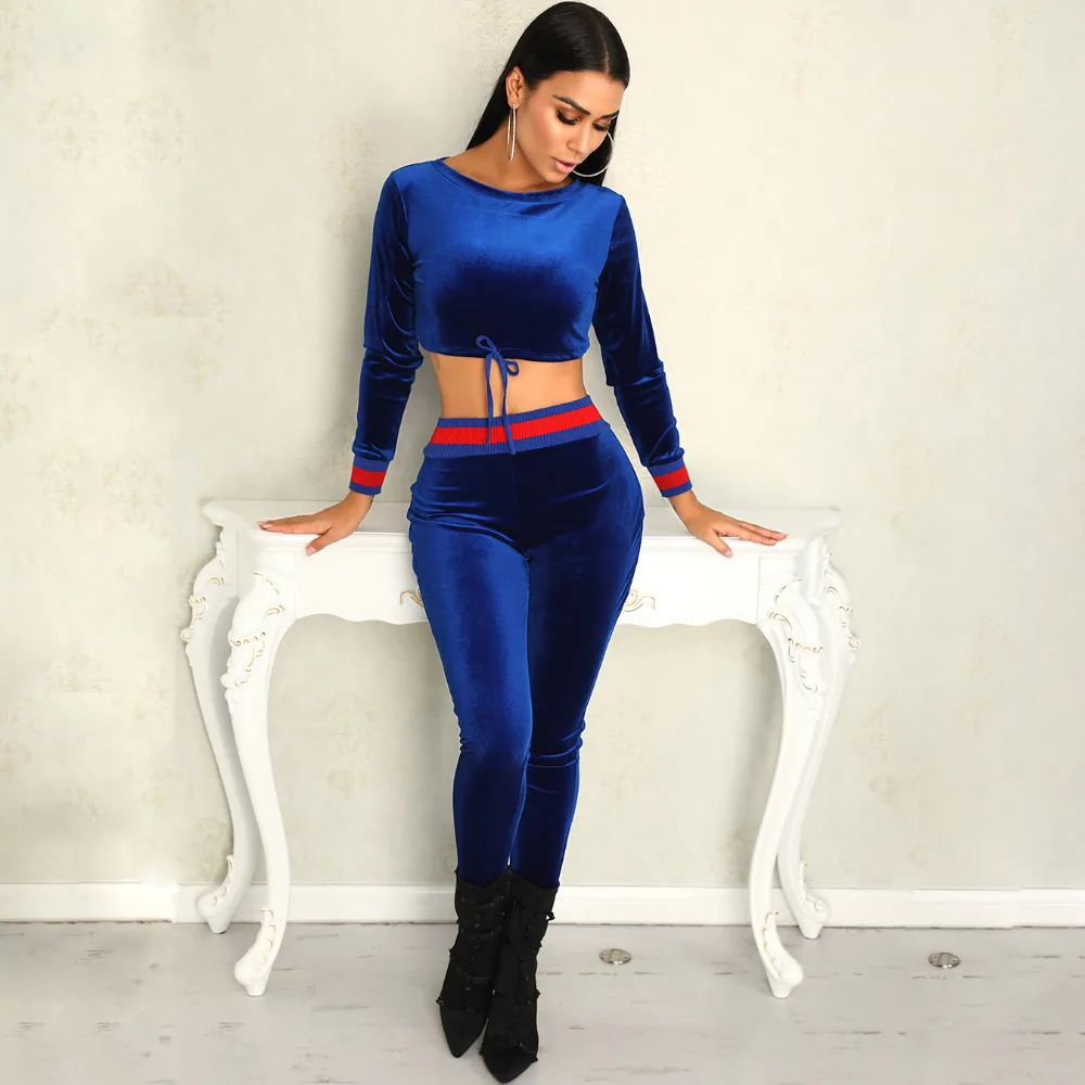 

2019 Autumn Women Fashion Elegant Party Streetwear Suit Sets Velvet Stripes Taped Drawstring Casual Crop Top & Pant Sets