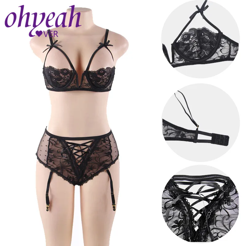 Ohyeahlover Lace Lingerie Set Sexy Bra 1/2 Cup Push-up Bandage Open Bust Bra With Garter Panty Floral Bra Transparent RM80646 Ohyeahlover Lace Lingerie Set Sexy Bra 1/2 Cup Push-up Bandage Open Bust Bra With Garter Panty Floral Bra Transparent RM80646