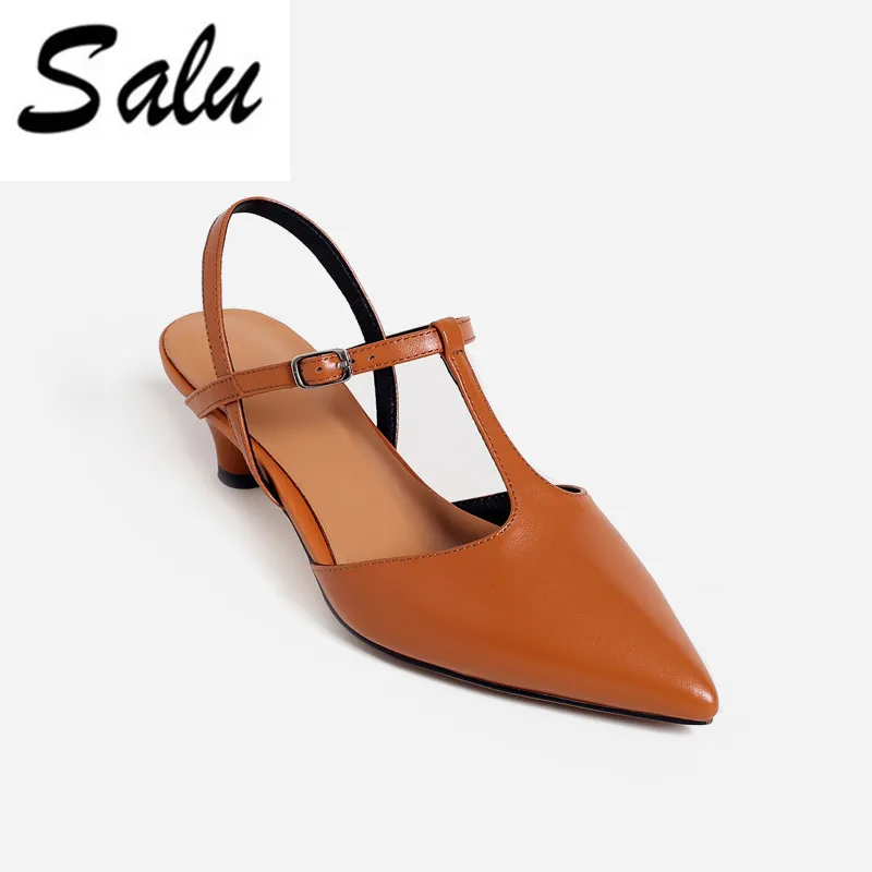 

Salu Sandals women Summer New Leather shoes woman thin heels pointed Toe Back strap Yellow black Free shipping