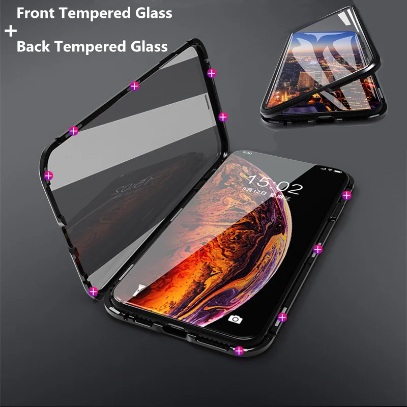 

Magnetic Adsorption Metal Case For iPhone 7 8 Plus Cover Magnet Front+Back Tempered Glass Flip Phone Cover For iPhone XS Max XR