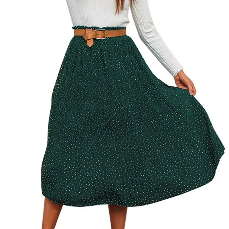 

Autumn Skirt High Waist Polka Dot Female Wood Ear Long Pleated Large Swing Retro Slim Ruffled Long Simple Skirts