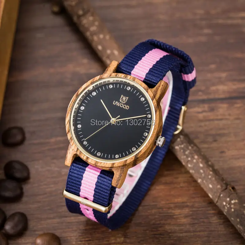 Uwood Women Zebra Sandal Wood Watch Nylon Band Fashion Wooden Watch With Multi Color Striped Band
