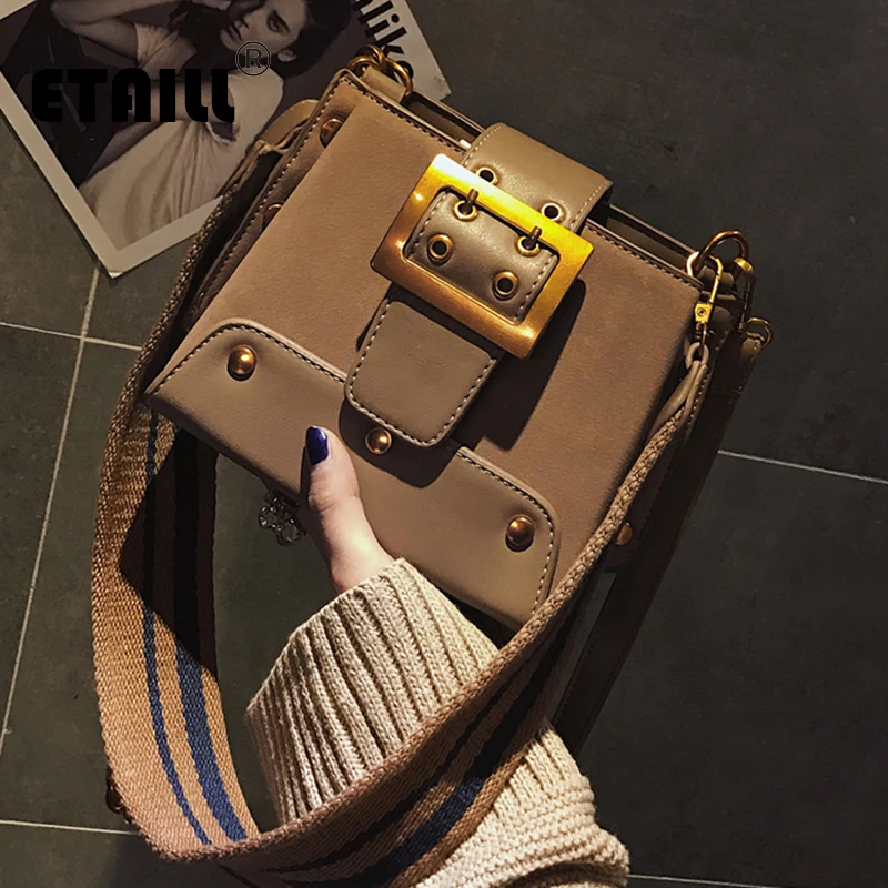 

ETAILL Nubuck PU Leather Rivet Belt Messenger Bag Small Stripe Wide Strap Handbag Bucket Crossbody Bags for Women Shoulder Bag