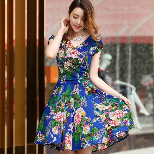 Us 10 44 5 Off Summer Styles Plus Size Women Pleated V Neck Dress Waist Show Thin Sand Maxi Printed Dresses Vestido De Festa In Dresses From Women S