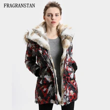 Новые модные женские зимние теплые пуховики в европейском стиле с воротником из кроличьего меха камуфляжные утепленные парки высокого качества LY44