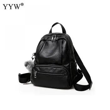 

Fashion Pu LeatherSchoolbag Plush Ornaments Women Backpack Solid Black Brown Mochila De Couro Mochila Feminina