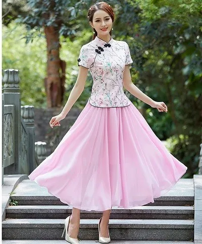 Sheng Coco Лето китайский национальный ветер Топы леди розовый рубашки с цветочным принтом хлопок современный национальный ветер Шанхай Топы Плюс Размер - Цвет: tops skirt suit