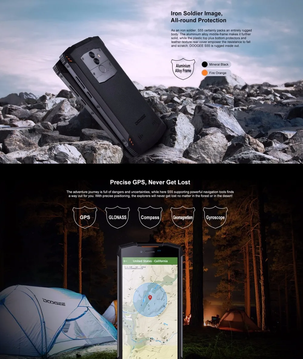 DOOGEE S55 Waterproof Smartphone 4GB RAM 64GB ROM 5500mAh MTK6750T Octa Core 5.5 inch Android 8.0 Dual SIM 13.0MP OTA 4G FDD-LTE