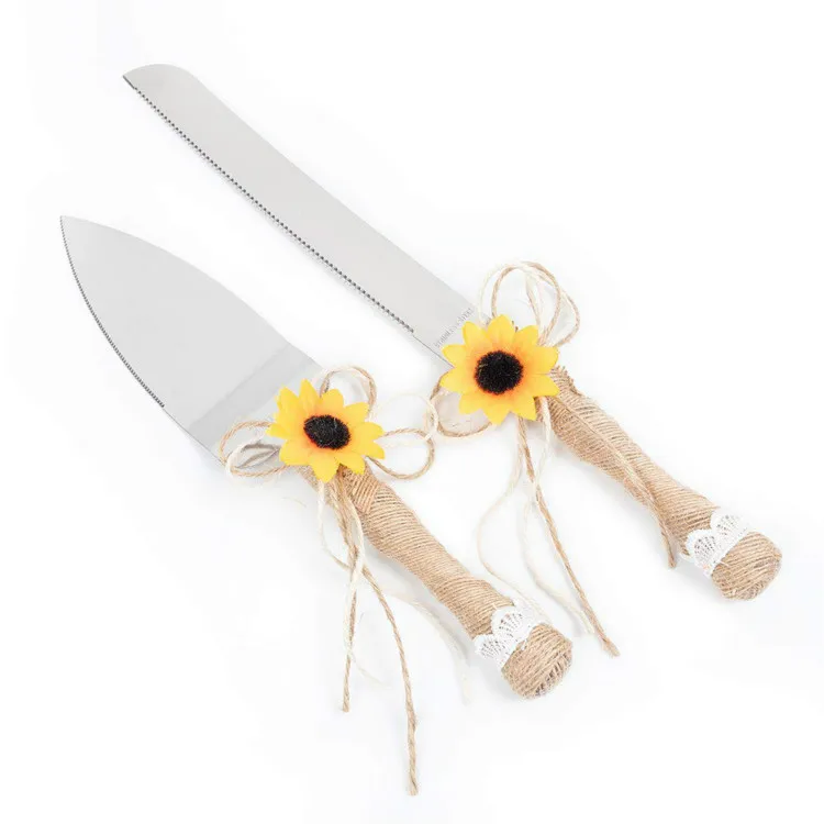

Rustic Wedding Cake Serving Set with Sunflower, Pizza Pie Cake Knife and Server Set for Custom Wedding Gift Partie Birthdays Ann
