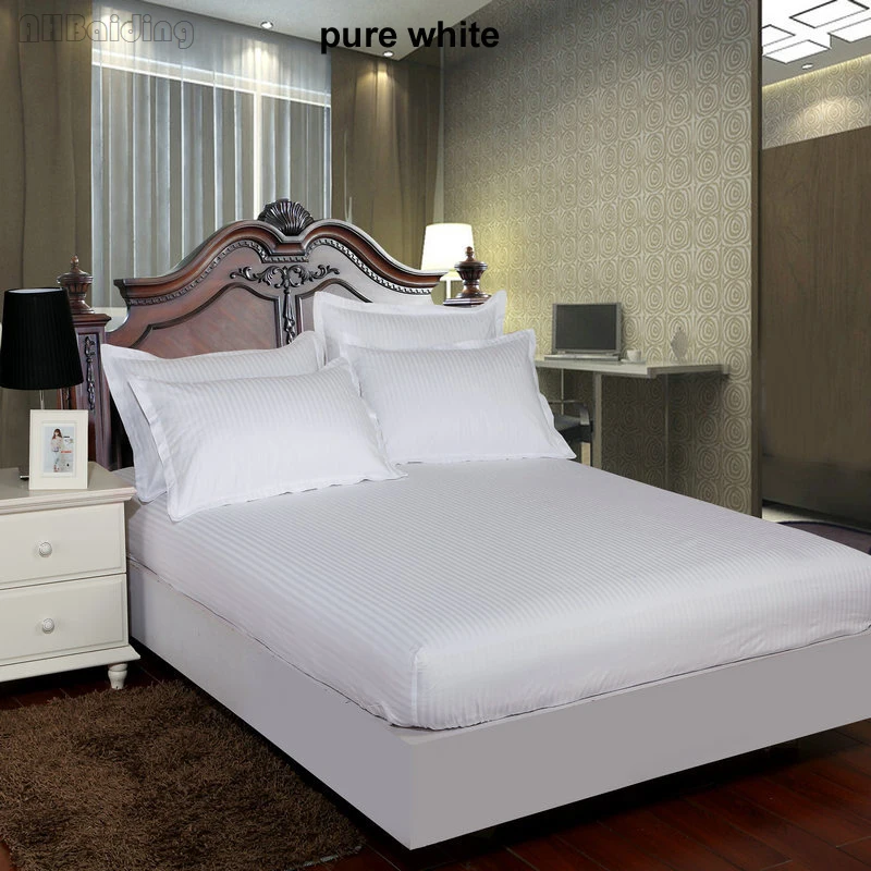 

Hot Sales White Stripes Hotel Fitted Sheet 1 Pc 100% Satin Cotton Bed Sheets with 360 Degree Elastic Band Bed Linens Bedclothes