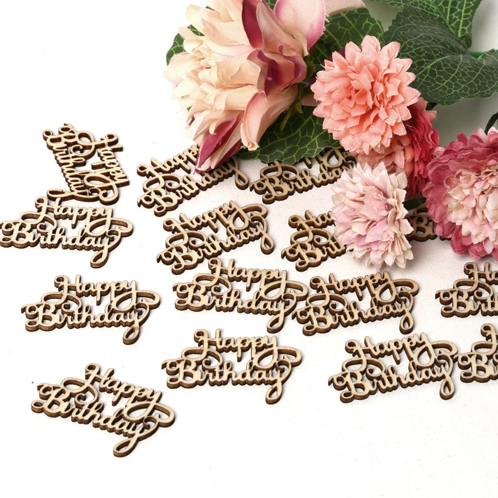 15Pcs "Happy Birthday" Laser Cut Wooden Slice Handcraft Letter Carving Wood Crafts Hanging Ornaments Home Decoration