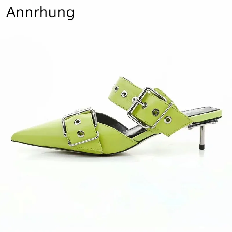 

New Arrival Slippers Studded Buckle Strap Shoes Woman Pointed Toe Metal Heel Summer Slides Mint Green Genuine Leather Slides