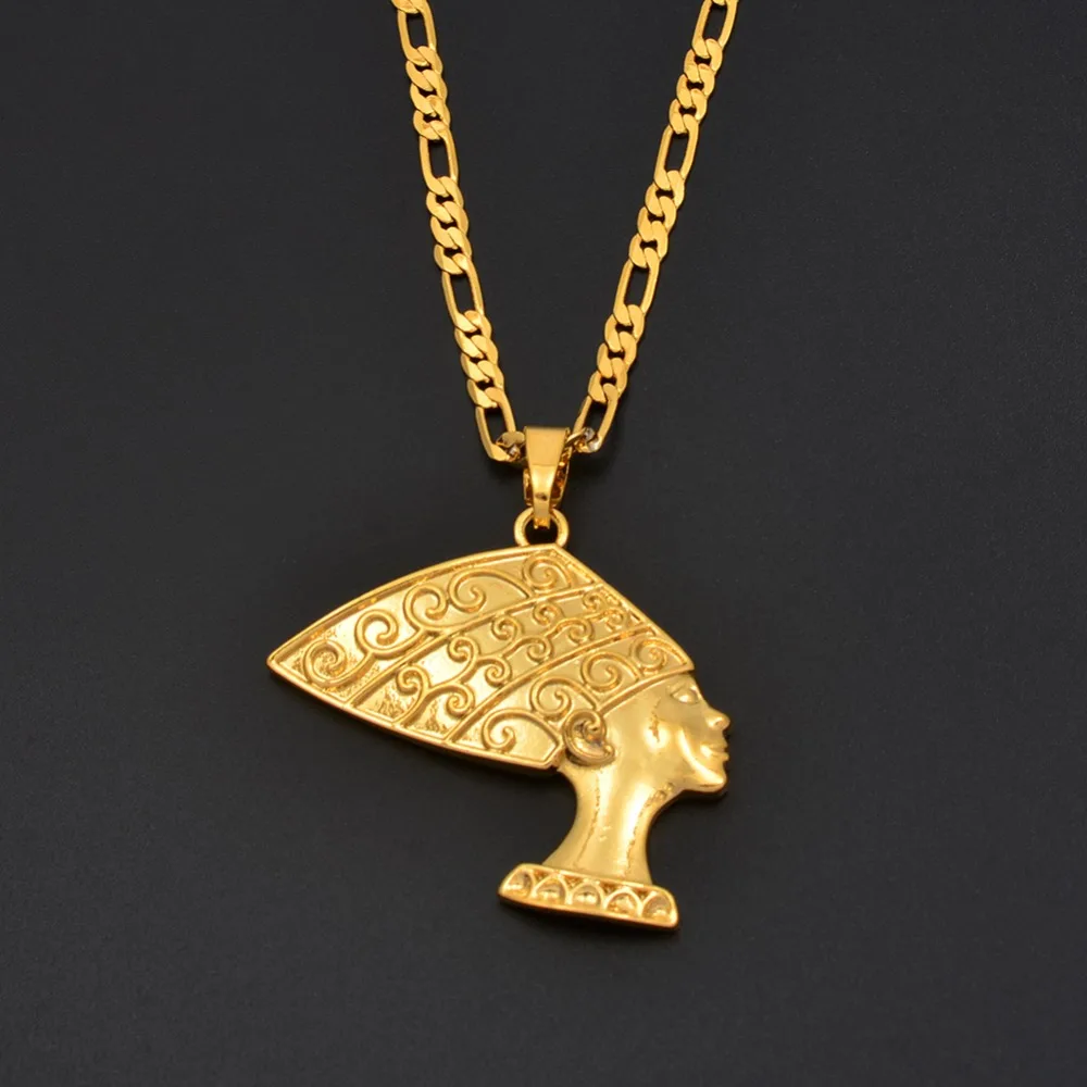 

Anniyo Ancient Egyptian Queen Pendant Necklaces Women Gold Color Egypt Nefertiti Head Portrait African Jewelry #191906