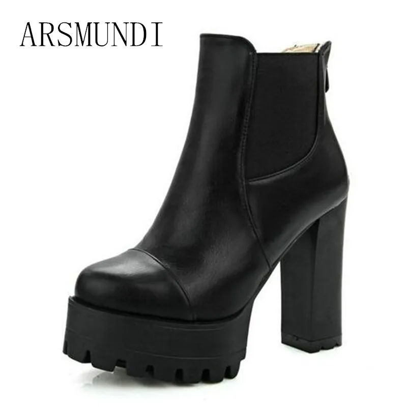 

ARSMUNDI Size 34-43 Fashion Zipper 2018 Round Toe PU Leather Women Shoes Square High Heel Ankle Boot Women Motorcycle Boot L370