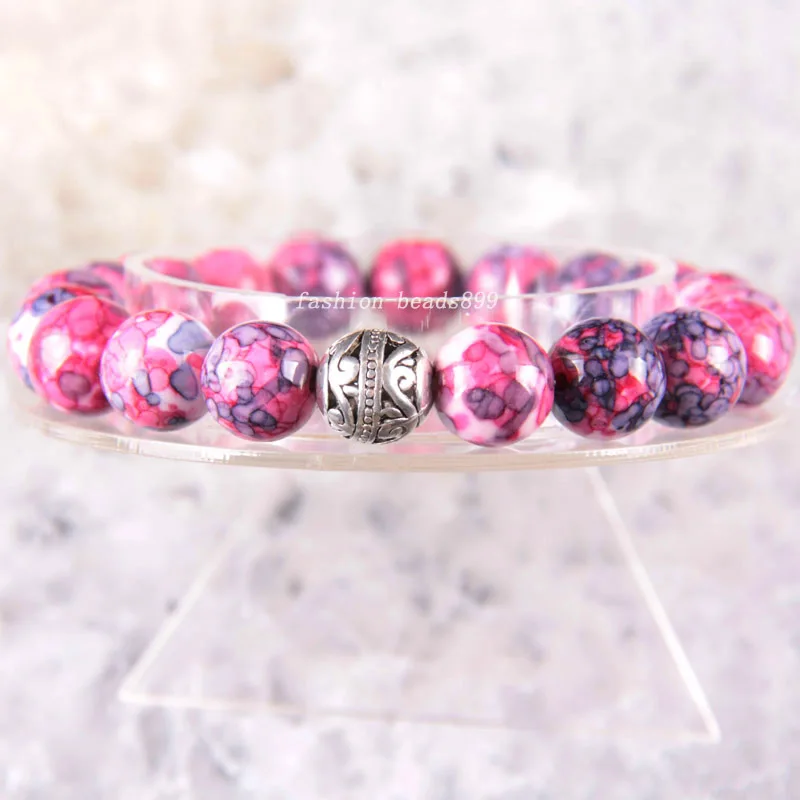 

Free Shipping Women Jewelry Silver Stretch 10mm Round Beads Natural Stone Purple Red Sea Jaspe Bracelet 8" 1Pcs LH1783