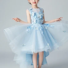 Небесно-Голубой тюль девушки вечернее платье Аппликации цветок девушка платье для свадьбы Дети костюм для конкурса принцесса первого причастия платья