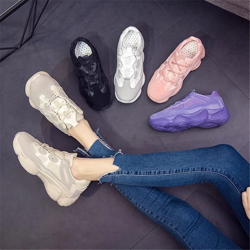 

2019 Fashion Winter Women Air Mesh Sneakers Lace-up Casual Shoes Women Breathable Trainers Black White Pink Purple