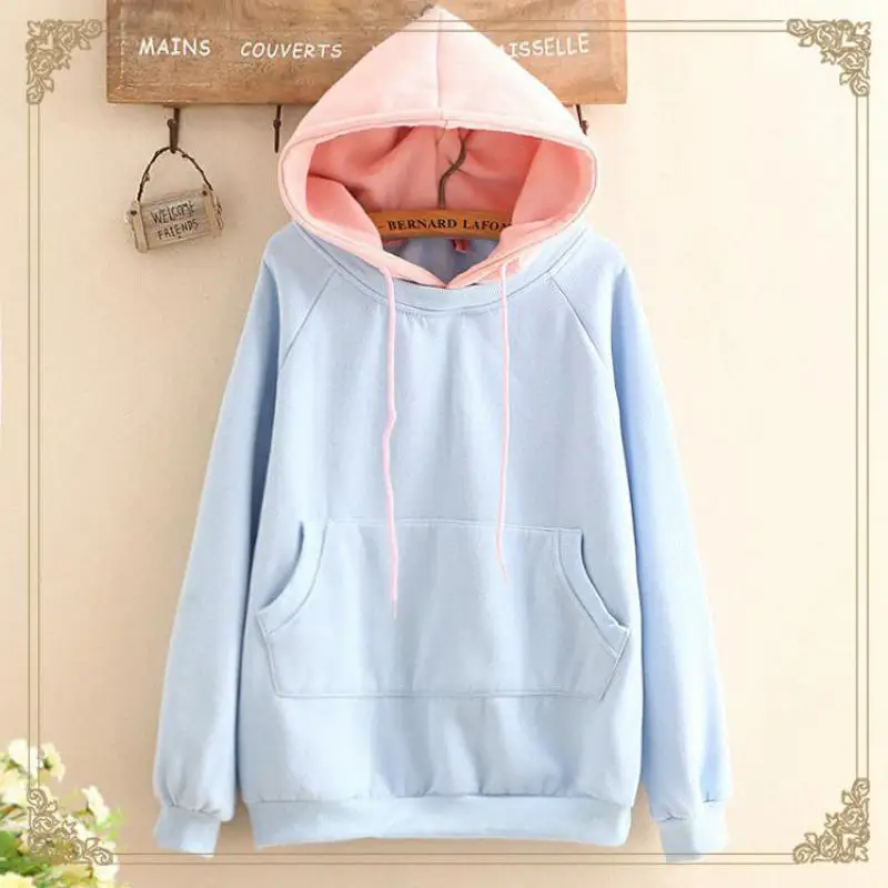 

2018Autumn Winter Casual Ladies Blue Hoodie Harajuku Long Sleeve Loose Pullover Drawstring Color Matching Hat Ladies Sweatshirt