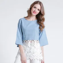 OLOME высокое качество 2018New Весенняя женская футболка джинсовая с рукавом три четверти кружевная женская футболка женская модная повседневная футболка