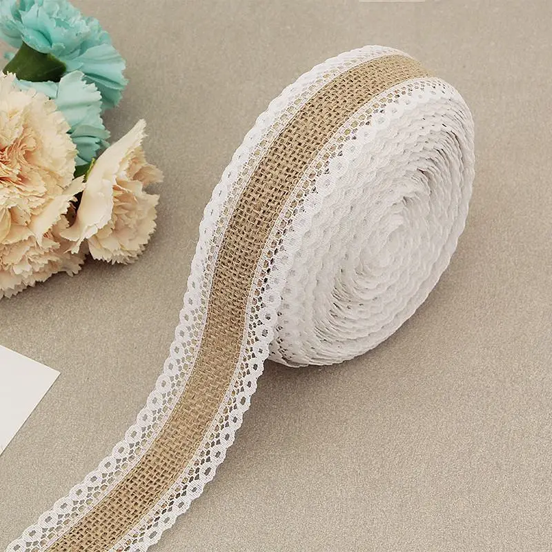 

2 Meter 25mm Lace Burlap Roll Natural Jute Hessian Ribbon With White Lace Rustic Wedding Party Decoration Ornament Gift Decor 7