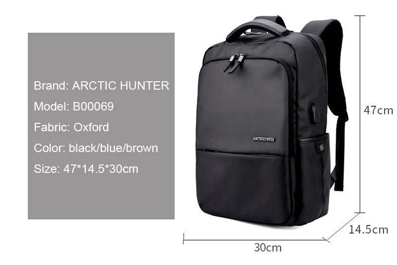 ARCTIC HUNTER 15," Ноутбук мужской рюкзак черный мужской водонепроницаемый Mochilas с подарком Повседневный дорожный рюкзак USB зарядка большой рюкзак