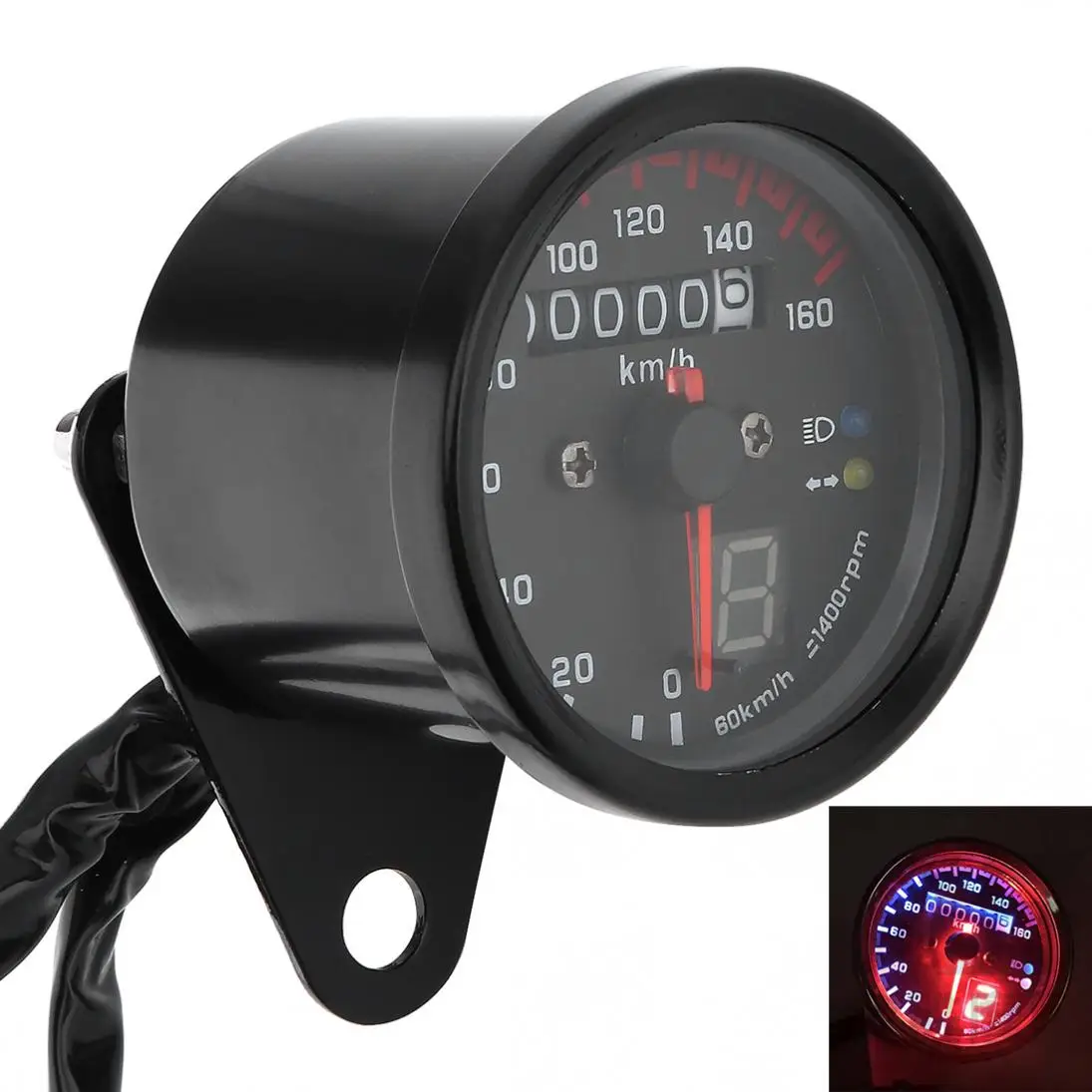 

0~160km/h Black Motorcycle Speed Meter Gauge Refit LED Backlight with Gear Display Kilometer Speedometer Motorbike Instrument