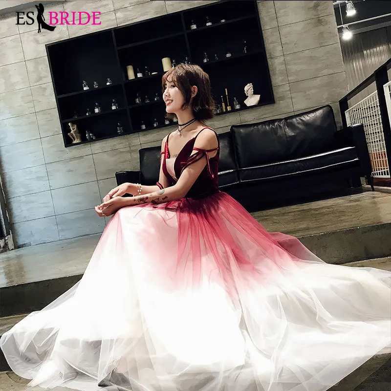 

elegant Evening Dress Long Red Sexy Deep V-neck Sleeveless Evening Dresses A-line formal Prom dresses Robe De Soiree ES1870