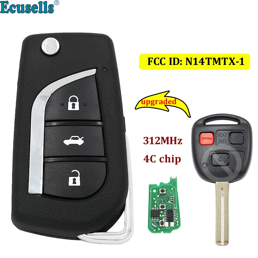 

Upgraded Flip 3 Button Remote Car Key Fob 312MHz With 4C Chip for Lexus RX300 1999-2003 FCC ID: N14TMTX-1
