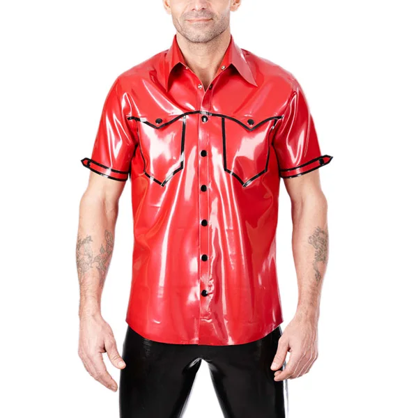 Красный латексный резиновая блузка Рубашка с короткими рукавами латексная униформа, костюм