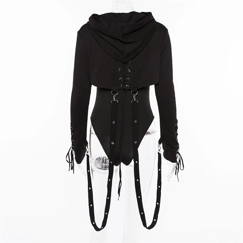  Black Short Hoodies Womens Cross Bandage Metal Hooded Pullover Sweatshirts Pastel Gothic Fashion Go