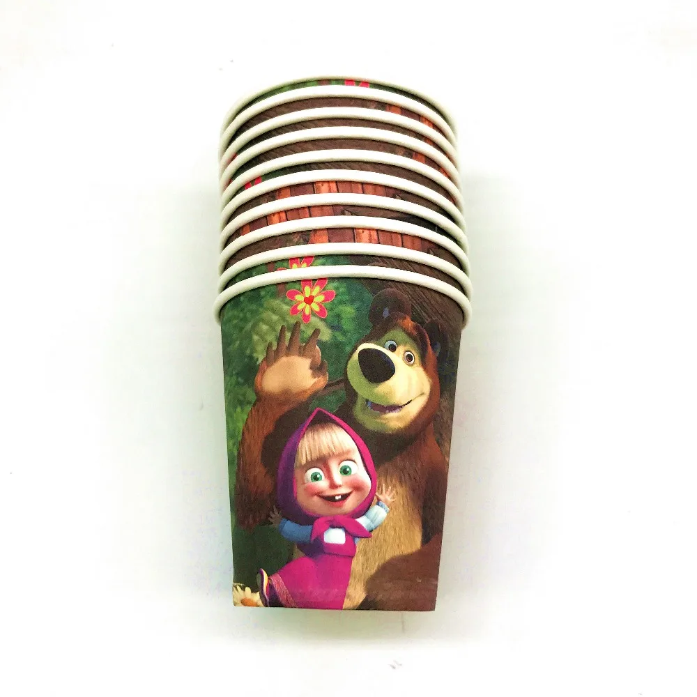 Маша и Медведь тема для детей, для девочек, подарочный набор для дня рождения, вечерние, милые чашки, тарелки, маски, одноразовые столовые приборы для малышей - Цвет: cups-10pcs