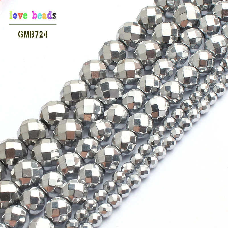 

Natural Silver-Plated Faceted Hematite Stone Beads For Jewelry Making 15 inches 2/3/4/6/8/10mm Round Spacer Beads Diy Jewelry
