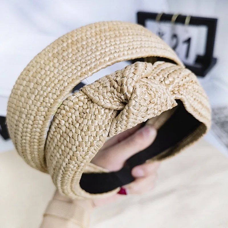 Богемная винтажная соломенная плетеная повязка на голову с перекрестным узлом, эластичная тканая лента для волос, аксессуары для волос