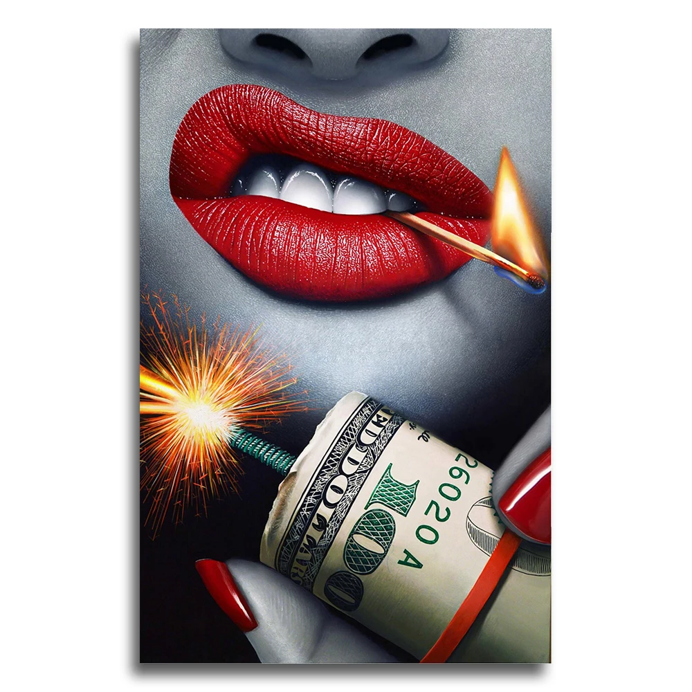 

Sexy girl Red Lips with diamond Dollars Canvas Art Prints Black and white Printed Oil Paintings On Canvas Wall for Living Room