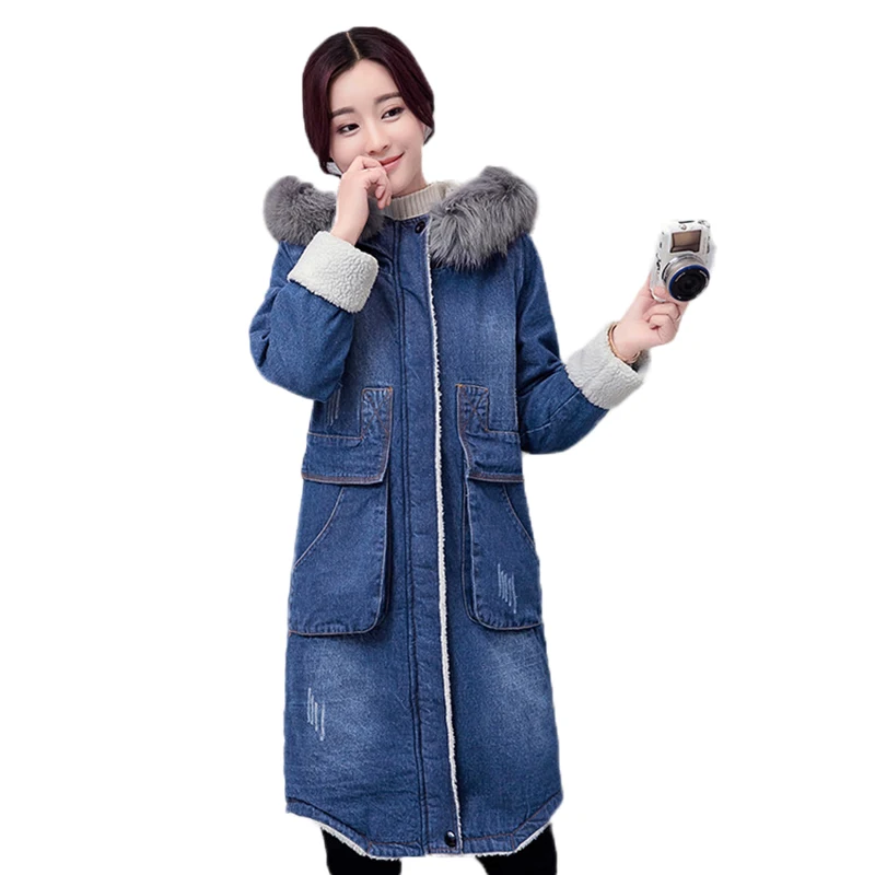 

Winter Denim Jacket Women Medium long Hooded Slim Thickening Cotton Denim Coat 2019 Fashion Warm Fur Collar Outerwear JIA203