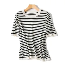 Хлопковая шелковая смешанной вязки Женская весенне-летняя модная полосатая футболка Oneck с коротким рукавом футболки S/XL Розничная Смешанные оптом Добро пожаловать