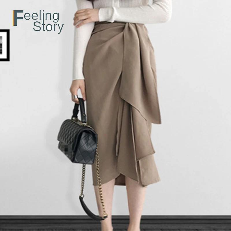 

Vintage Wrap Bow Satin Midi Skirt Women Split Sexy Solid High Waist Skirts High Fashion Spring Feminino Korean Long Skirt