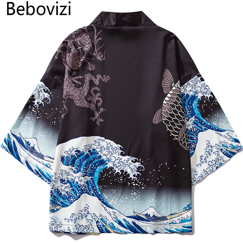 Bebovisi японская волна кои печати кимоно кардиган куртки Мужская мода верхняя одежда в японском стиле Повседневная Уличная одежда тонкие пальто