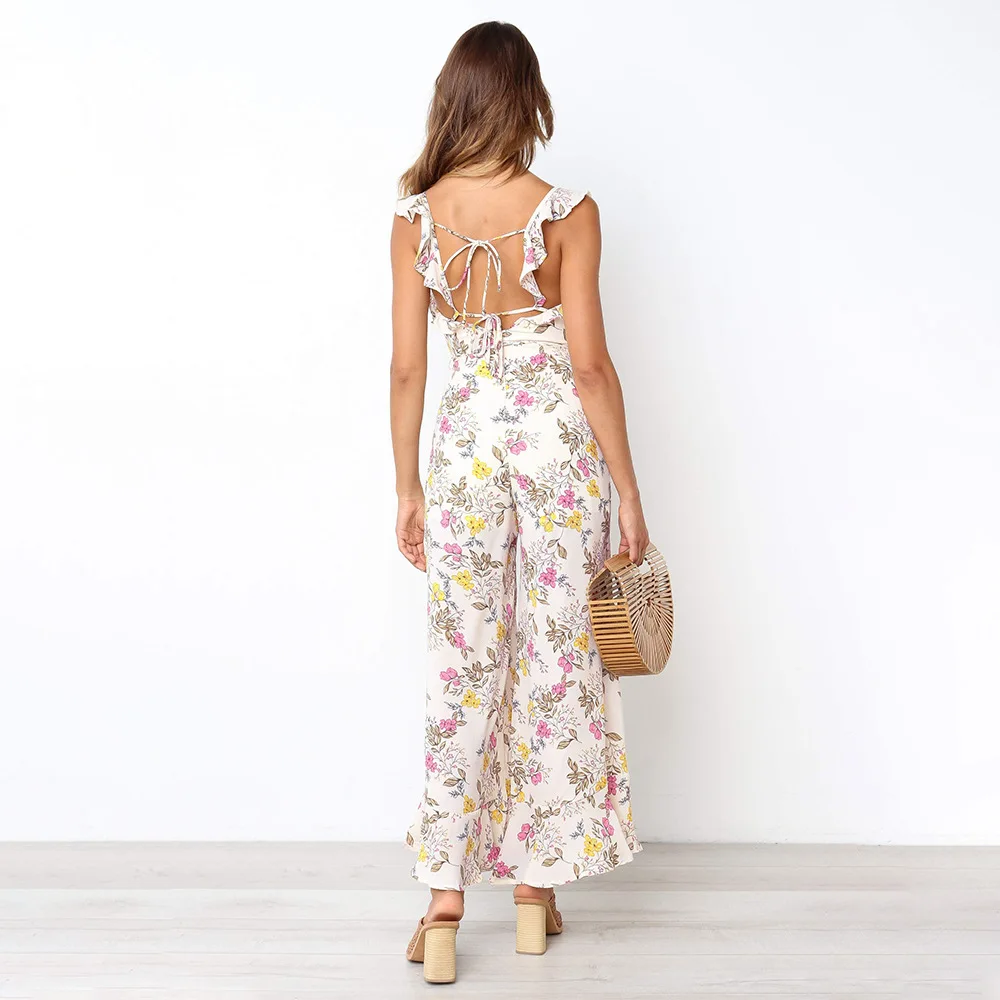 Один предмет для женщин элегантные длинные брюки Combinaison Femme Цветочный комбинезон комбинезоны лето без спинки Комбинезоны бохо