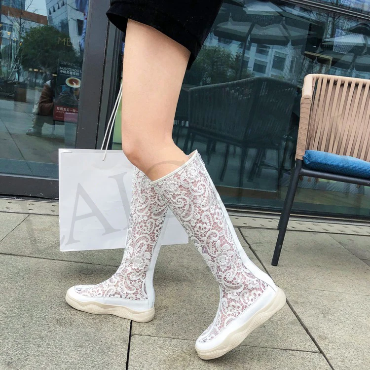 LAIGZEM GRACE Women Knee High Boots Lace SUMMER Boots Flat Thick Bottom Botas Shoes Woman Bottes Femme Small Big Size 32-46 (5)