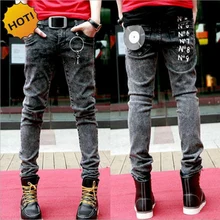 Wholesale 2016 New Teenagers Snow Grey Slim Fit letter Printed Strech Hip Hop Jeans Men Show Thin Pencil Pants 28-34 bottoms Man
