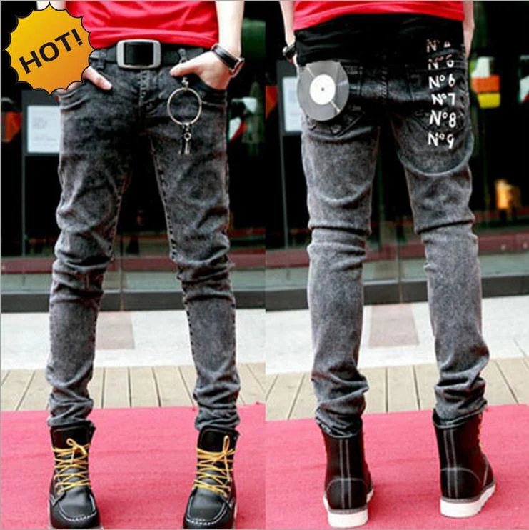 Wholesale 2017 New Teenagers Snow Grey Slim Fit letter Printed Strech Hip Hop Jeans Men Show Thin Pencil Pants 28-34 bottoms Man