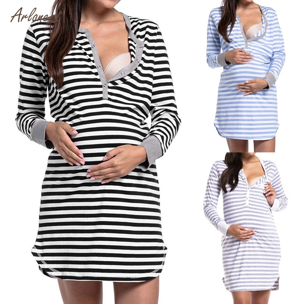 ARLONEET размера плюс платья для беременных женщин с длинным рукавом полосатые кнопки Грудное вскармливание пижамы платье Одежда для беременных