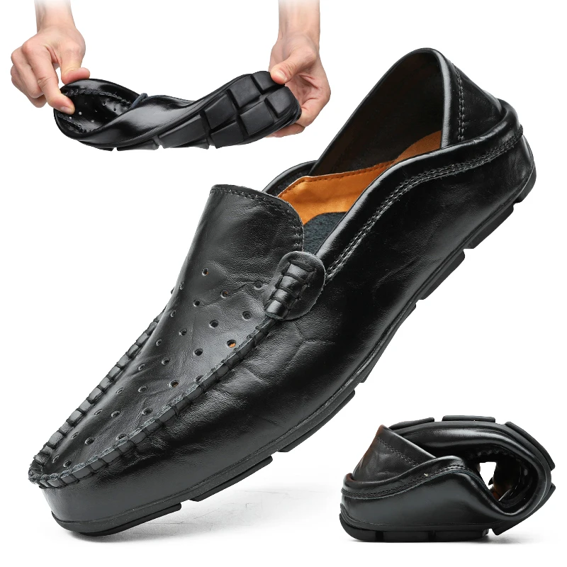 

JMaiou Summer Handmade Genuine Leather Soft Men Shoes Loafers Slip On Comfortable Hole Male Moccasins Flats Casual Boat Driving