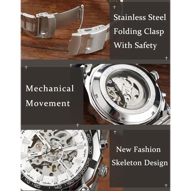Автоматические механические часы для мужчин, победитель, скелет, часы, золотой браслет, наручные часы, люксовый бренд, механические часы, мужские с автоматическим заводом