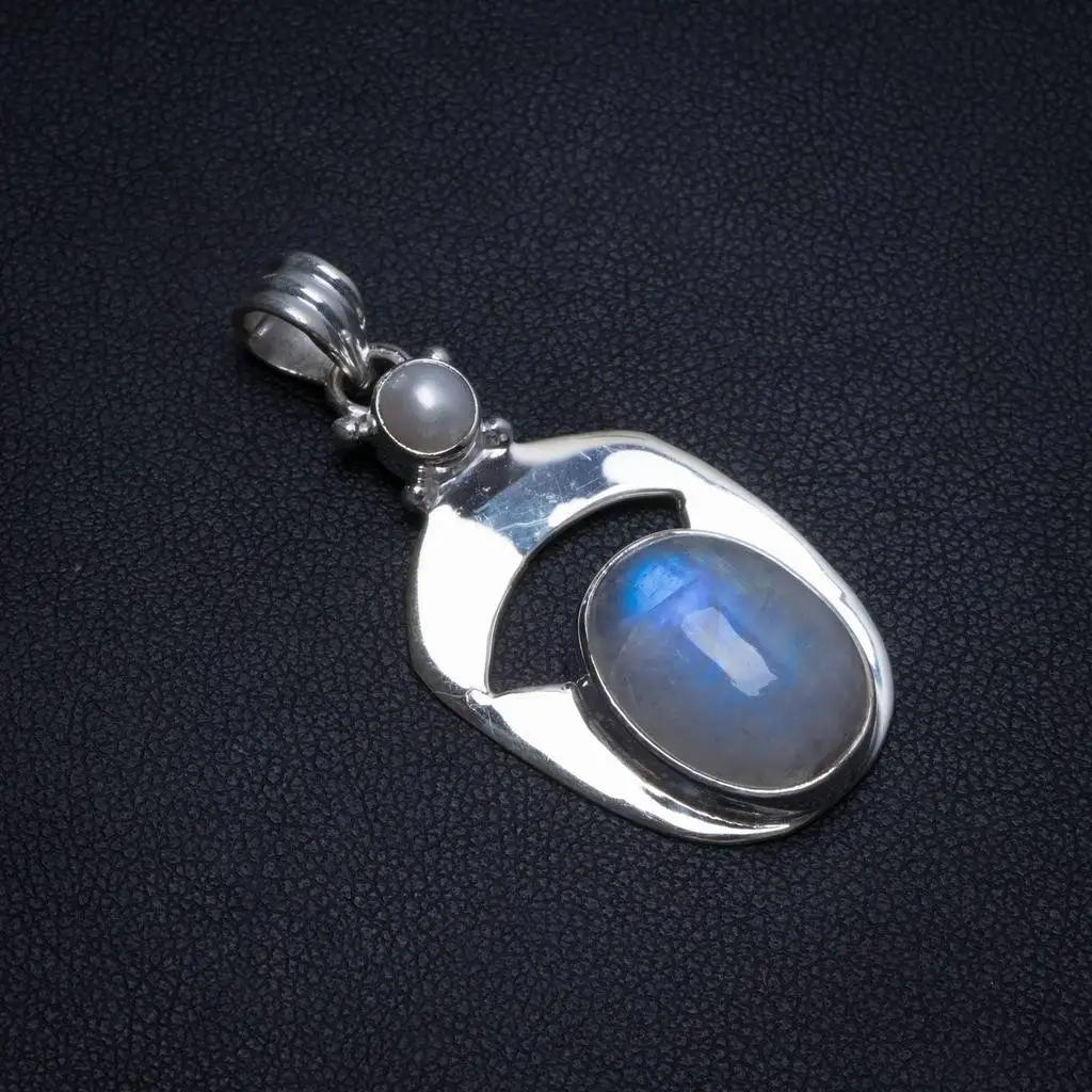 

Natural Rainbow Moonstone and River Pearl Handmade Indian 925 Sterling Silver Pendant 1 3/4" T0267